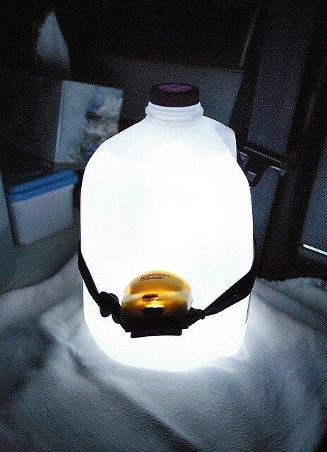 A standard headlamp strapped to a 1 gallon jug of water can illuminate an entire room or tent. (23 of 50)